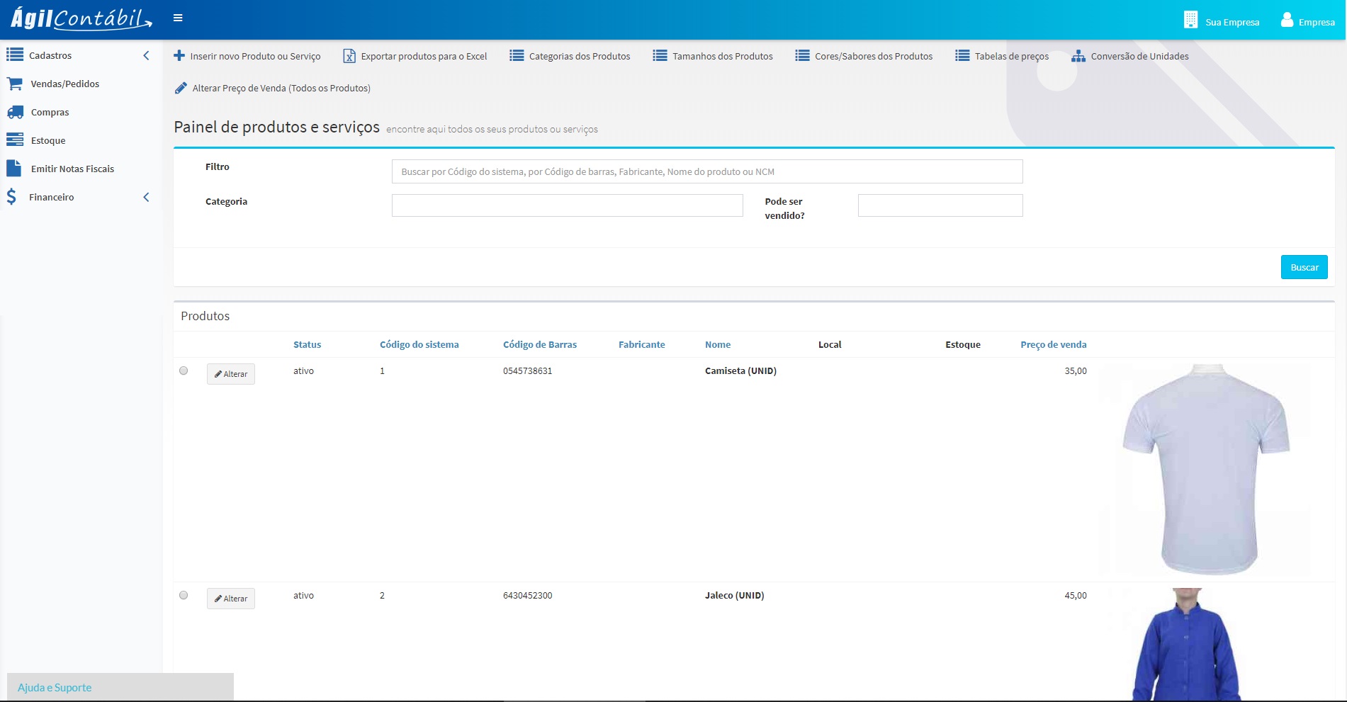 Gestao de produtos e tabelas